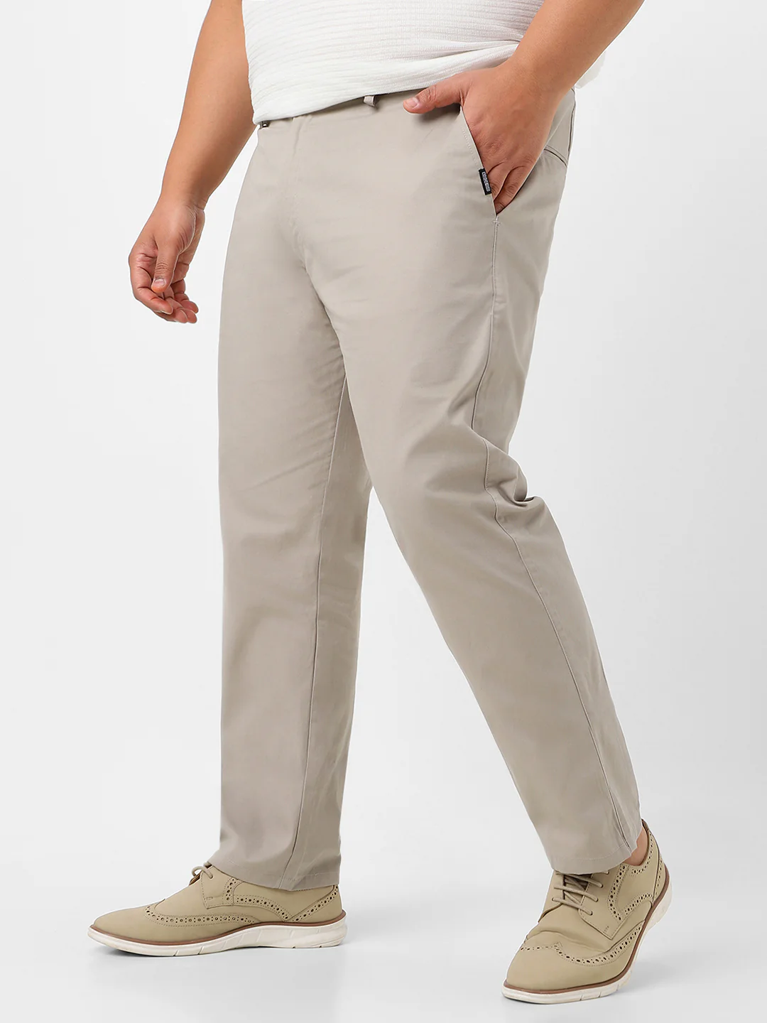 Plus Men's Grey Cotton Regular Fit Casual Chinos Trousers - Image 3