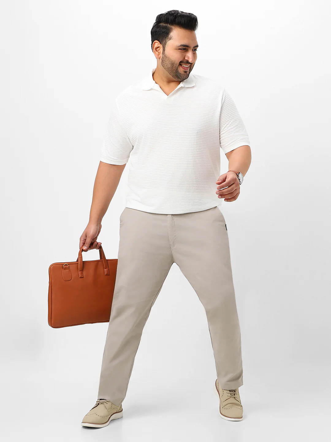 Plus Men's Grey Cotton Regular Fit Casual Chinos Trousers - Image 5