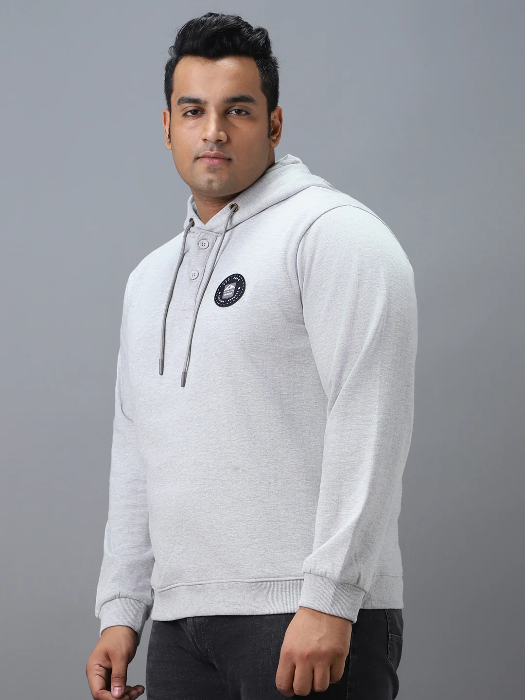 Plus Men's Grey Cotton Solid Button Hooded Neck Sweatshirt - Image 2