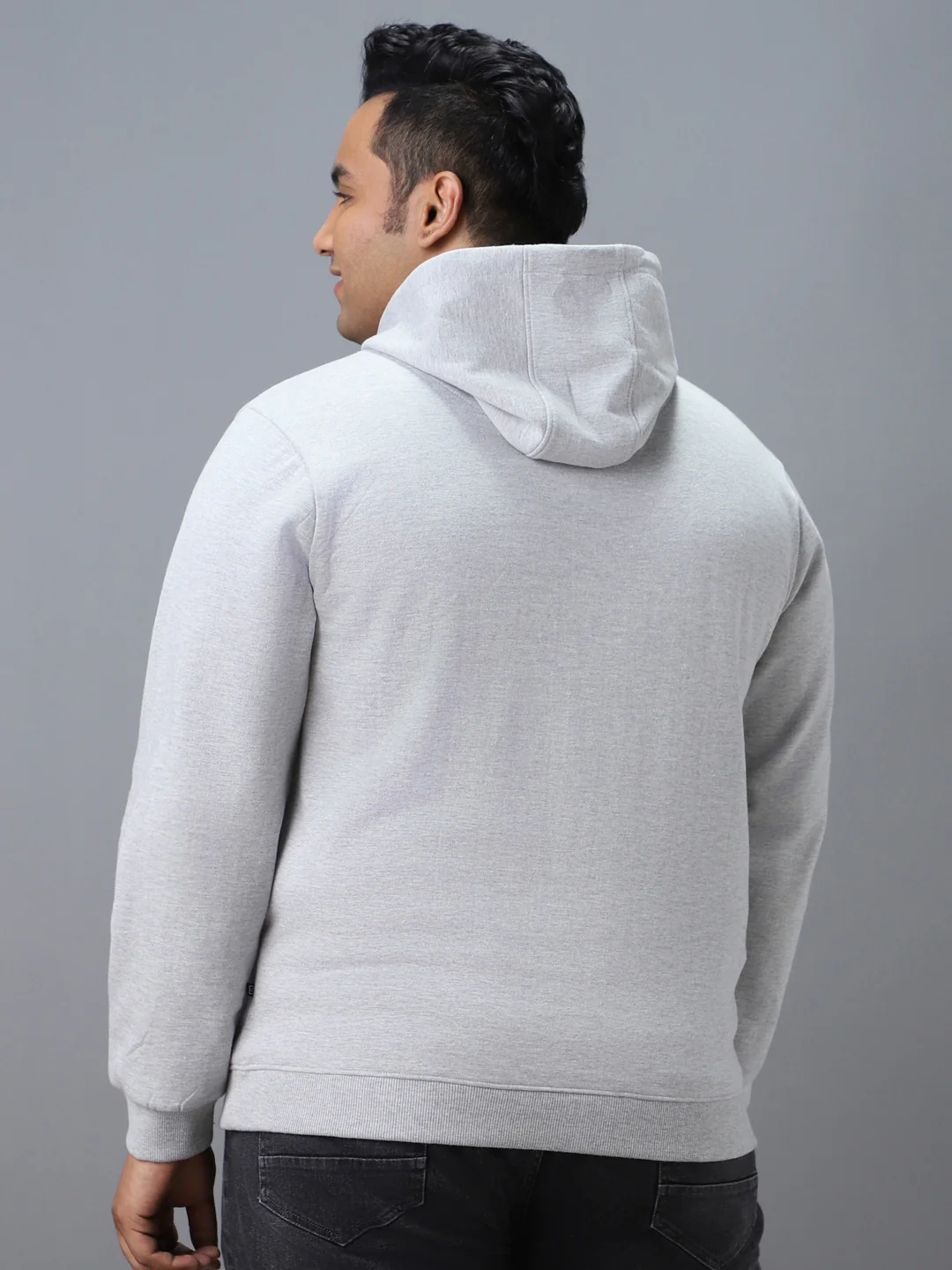Plus Men's Grey Cotton Solid Button Hooded Neck Sweatshirt - Image 3
