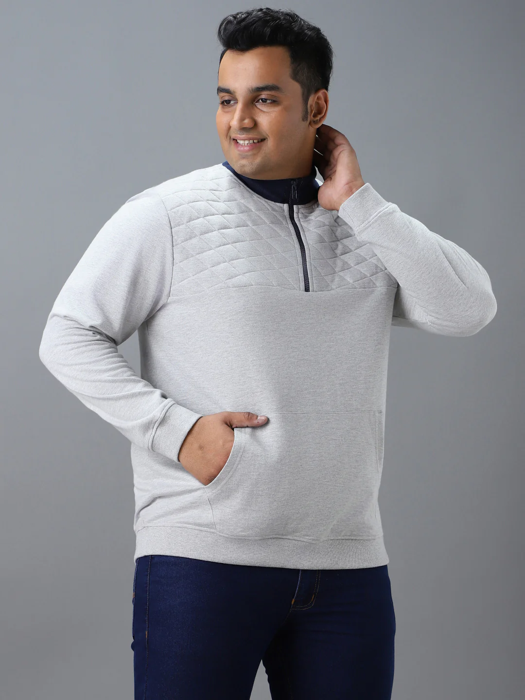 Plus Men's Grey Cotton Solid Zippered High Neck Sweatshirt - Image 2