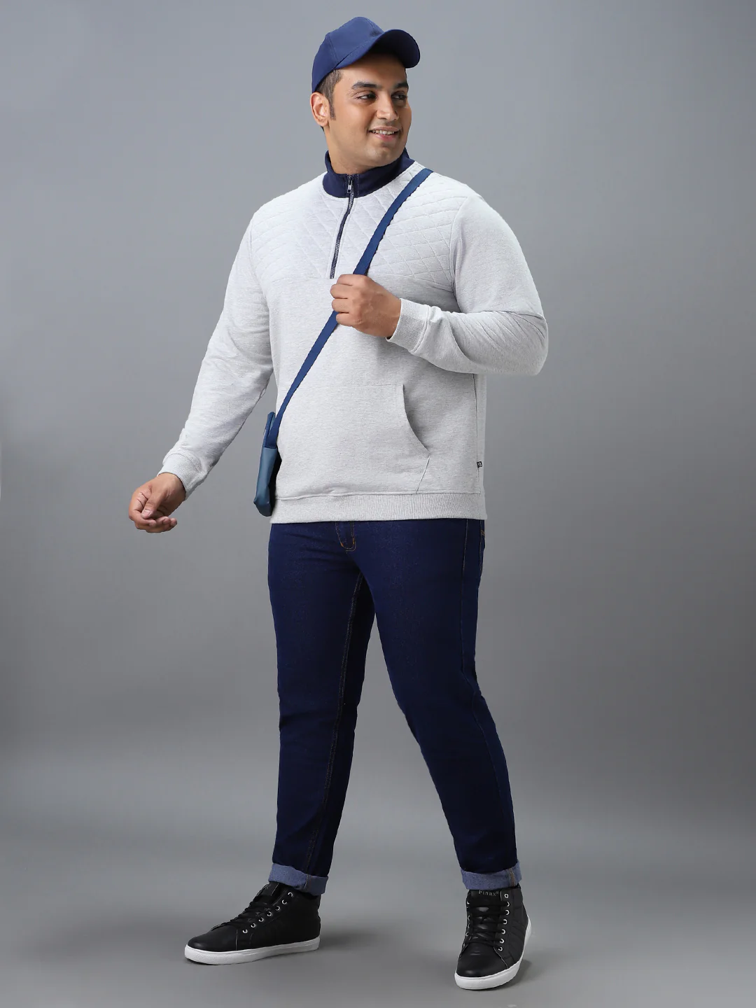 Plus Men's Grey Cotton Solid Zippered High Neck Sweatshirt - Image 4