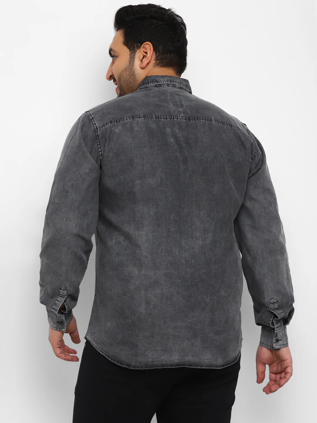 Plus Men's Grey Full Sleeve Regular Fit Casual Denim Shirt - Image 3