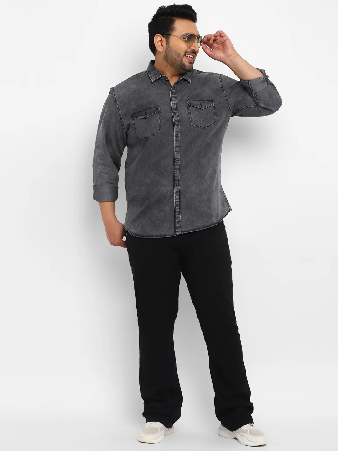 Plus Men's Grey Full Sleeve Regular Fit Casual Denim Shirt - Image 4