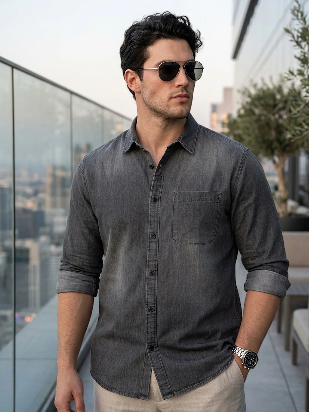 Plus Men's Grey Full Sleeve Regular Fit Casual Denim Shirt