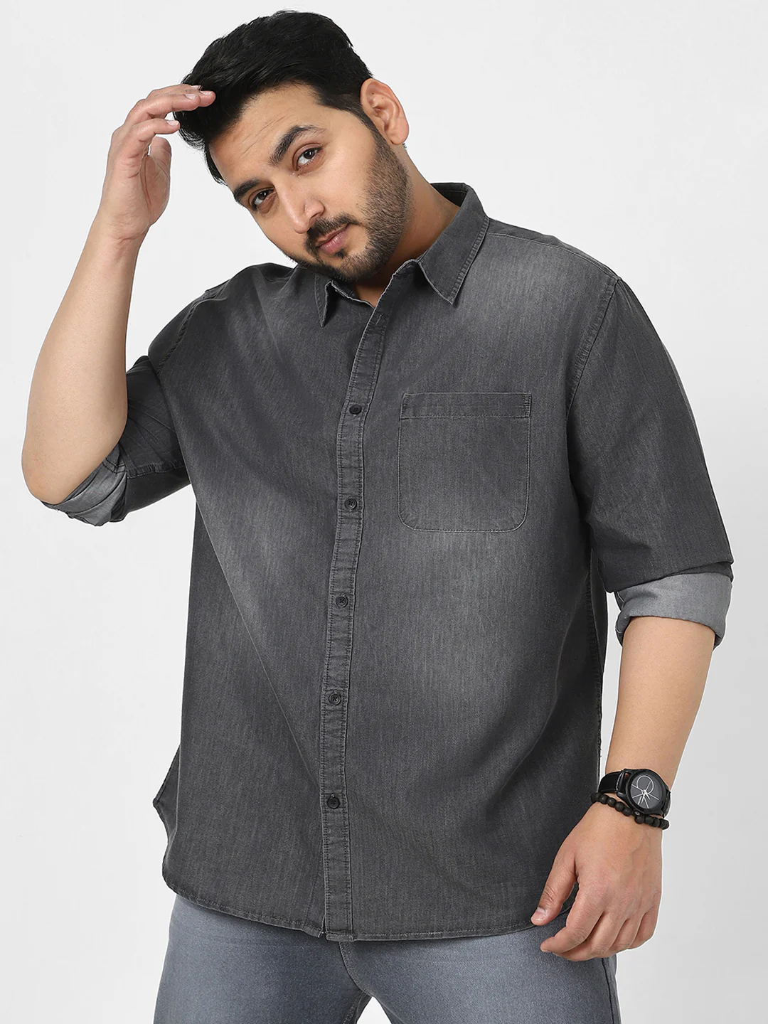 Plus Men's Grey Full Sleeve Regular Fit Casual Denim Shirt - Image 2