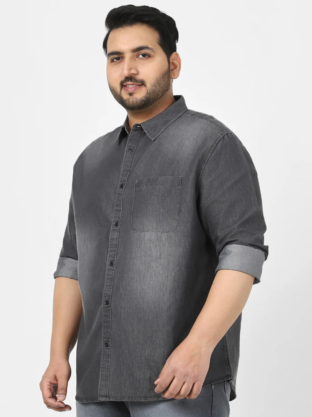 Plus Men's Grey Full Sleeve Regular Fit Casual Denim Shirt - Image 3
