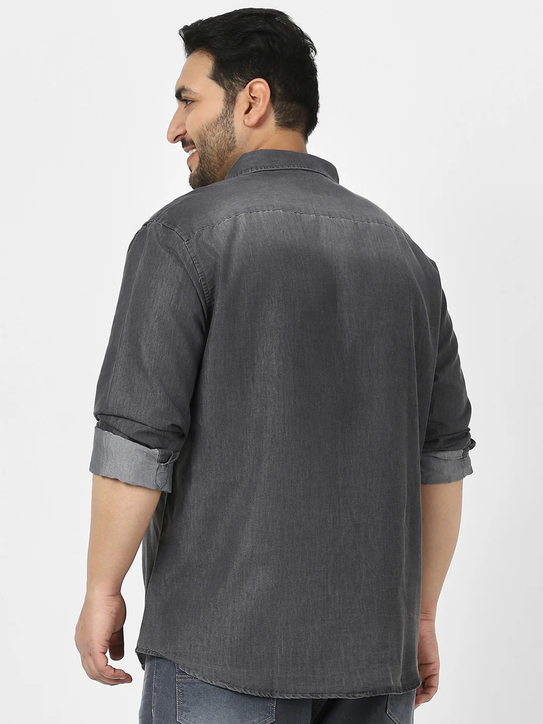 Plus Men's Grey Full Sleeve Regular Fit Casual Denim Shirt - Image 4