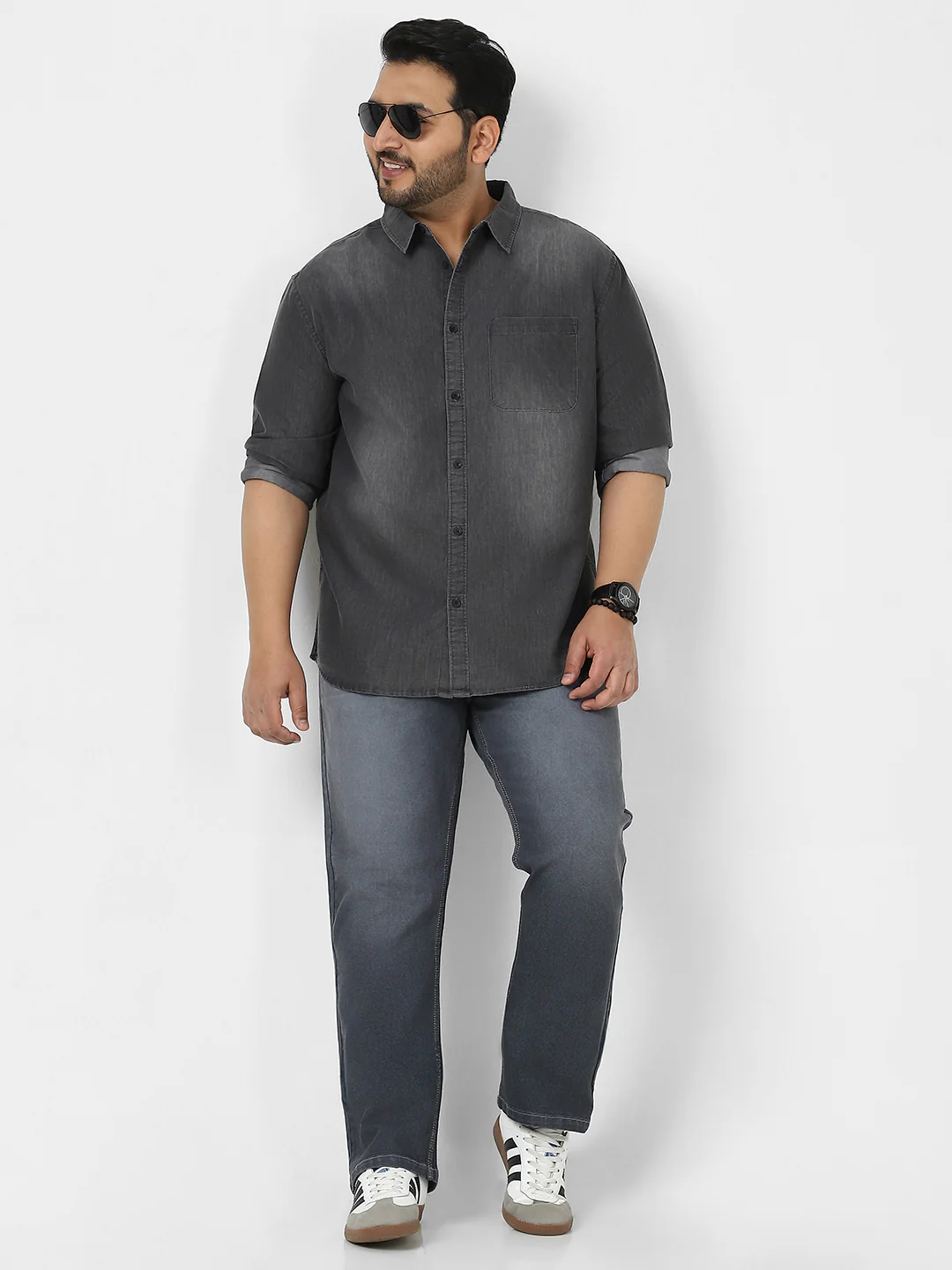 Plus Men's Grey Full Sleeve Regular Fit Casual Denim Shirt - Image 5