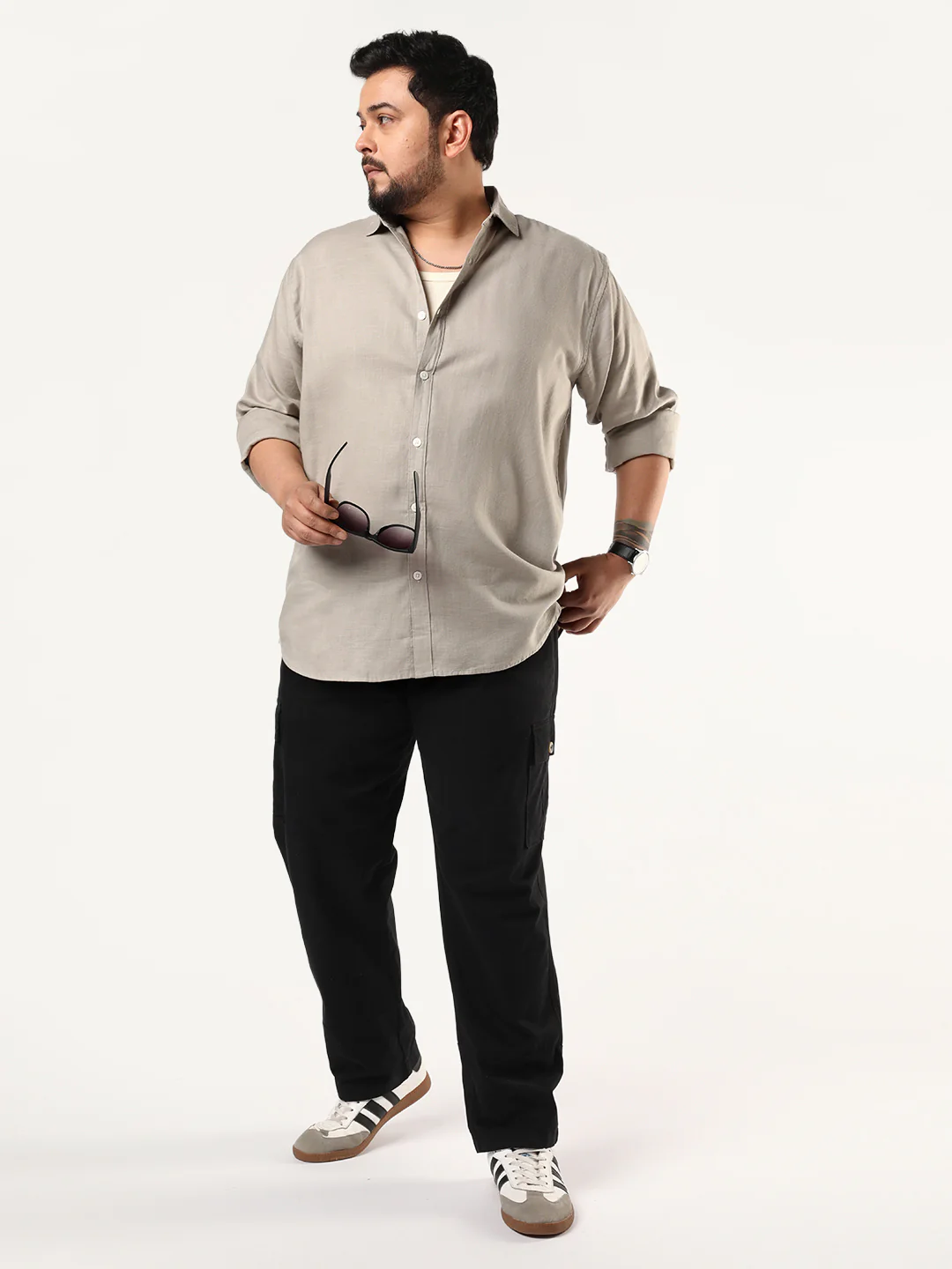 Plus Men's Grey Linen Blend Full Sleeve Relaxed Fit Casual Solid Shirt - Image 4