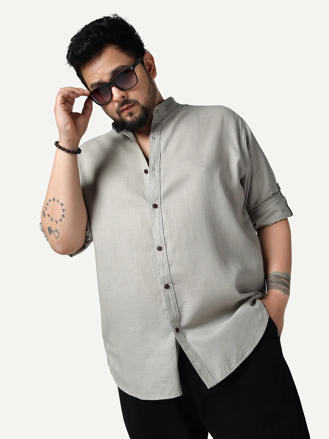 Plus Men's Grey Linen Blend Full Sleeve Relaxed Fit Mandarin Collar Casual Solid Shirt