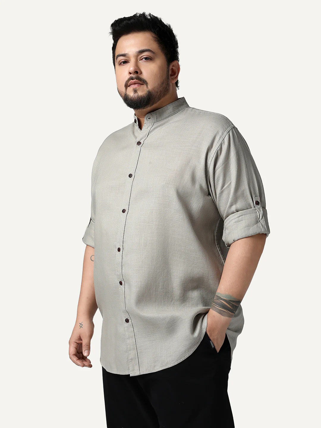 Plus Men's Grey Linen Blend Full Sleeve Relaxed Fit Mandarin Collar Casual Solid Shirt - Image 2