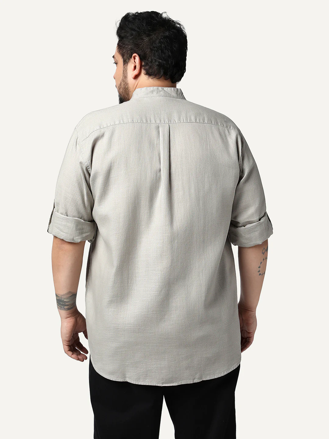 Plus Men's Grey Linen Blend Full Sleeve Relaxed Fit Mandarin Collar Casual Solid Shirt - Image 3