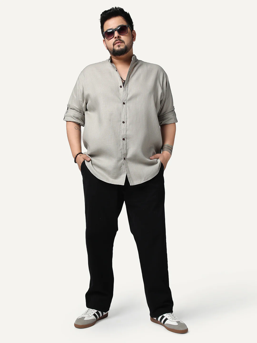 Plus Men's Grey Linen Blend Full Sleeve Relaxed Fit Mandarin Collar Casual Solid Shirt - Image 4