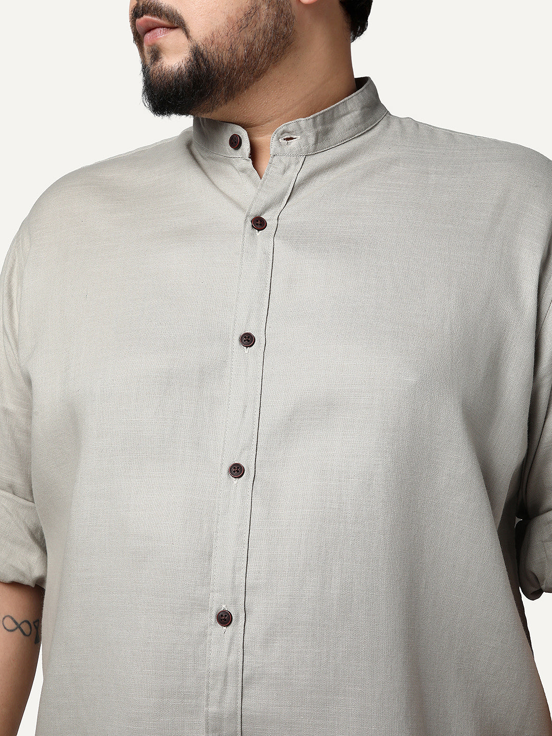 Plus Men's Grey Linen Blend Full Sleeve Relaxed Fit Mandarin Collar Casual Solid Shirt - Image 5