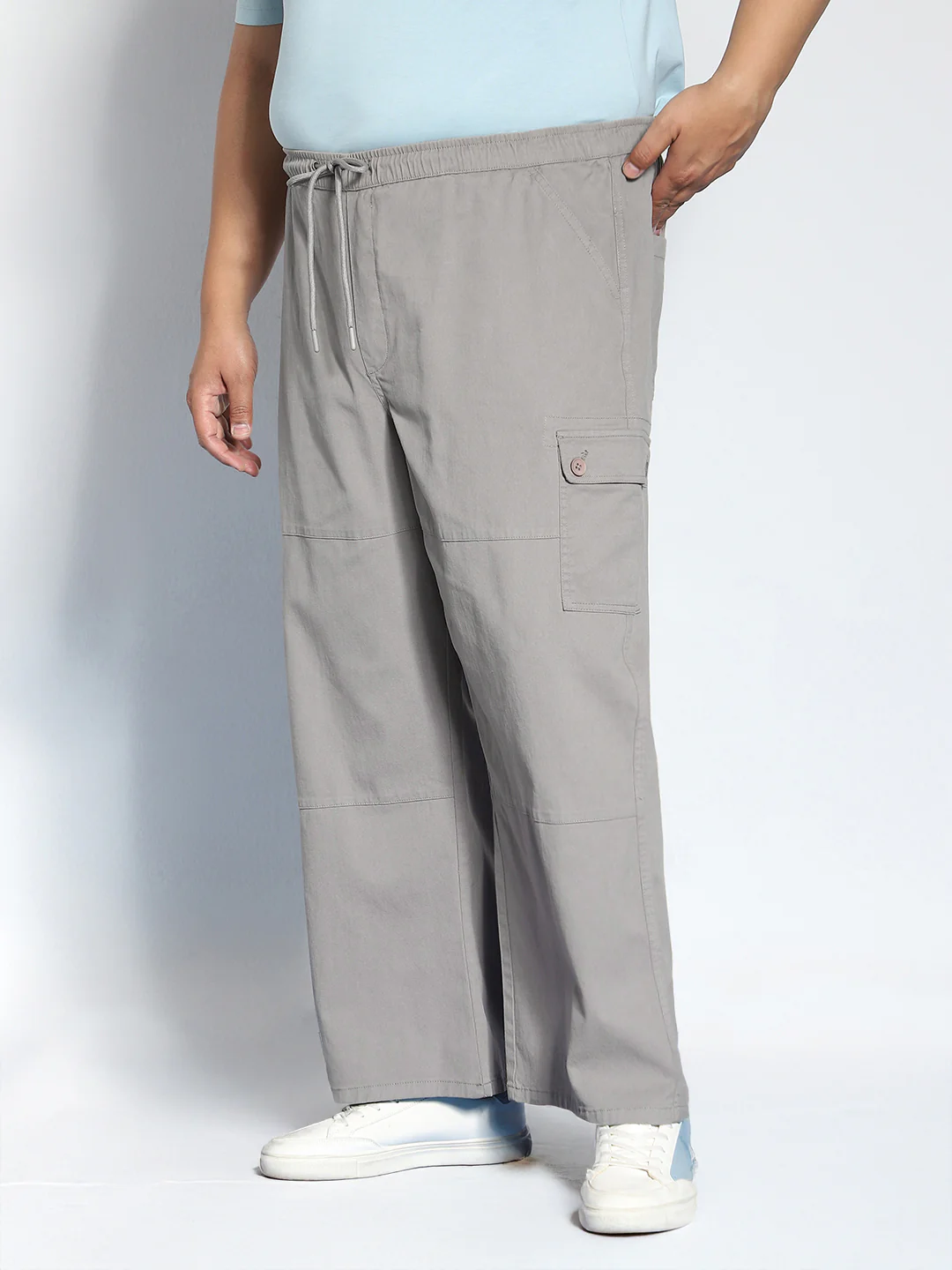 Plus Men's Grey Loose Baggy Fit Cargo Jogger Chino Pant with 6 Pockets Stretchable - Image 2