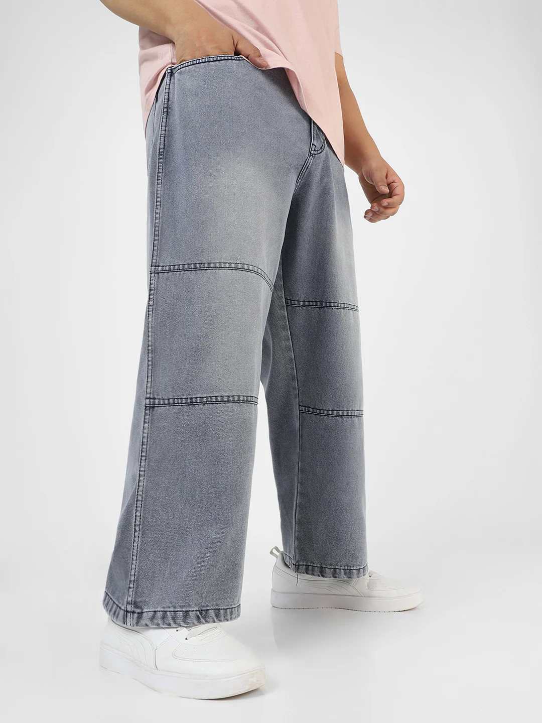 Plus Men's Grey Loose Baggy Fit Cut and Sew Panelled Jeans Non-Stretchable - Image 2