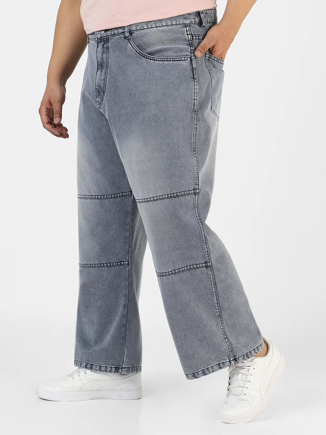 Plus Men's Grey Loose Baggy Fit Cut and Sew Panelled Jeans Non-Stretchable - Image 3