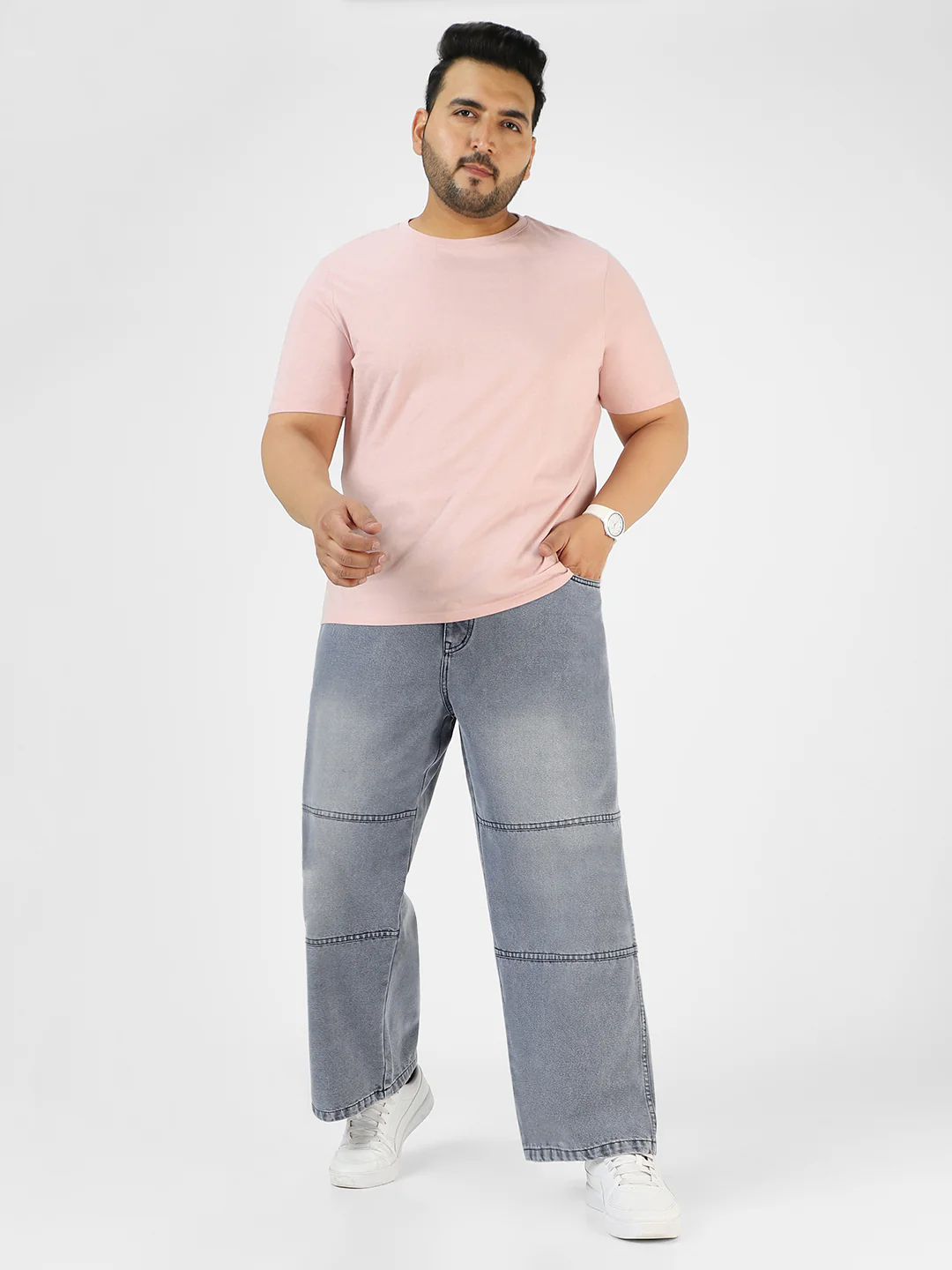 Plus Men's Grey Loose Baggy Fit Cut and Sew Panelled Jeans Non-Stretchable - Image 5