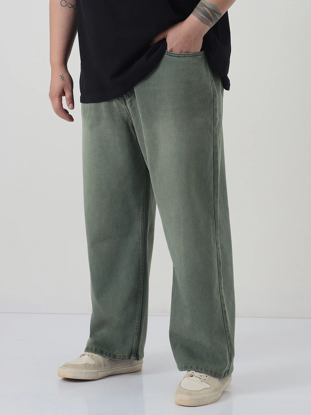 Plus Men's Grey Loose Baggy Fit Heavy Washed Jeans Non-Stretchable - Image 2