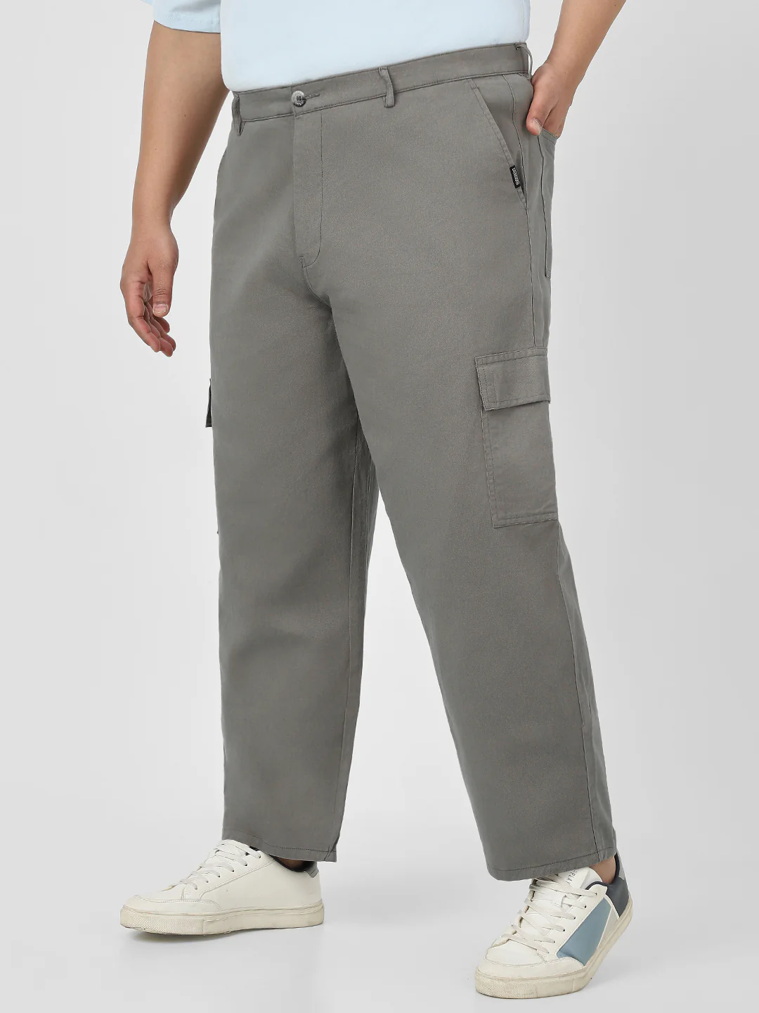 Plus Men's Grey Loose Baggy Fit Solid Cargo Chino Pant with 6 Pockets Non-Stretchable - Image 2