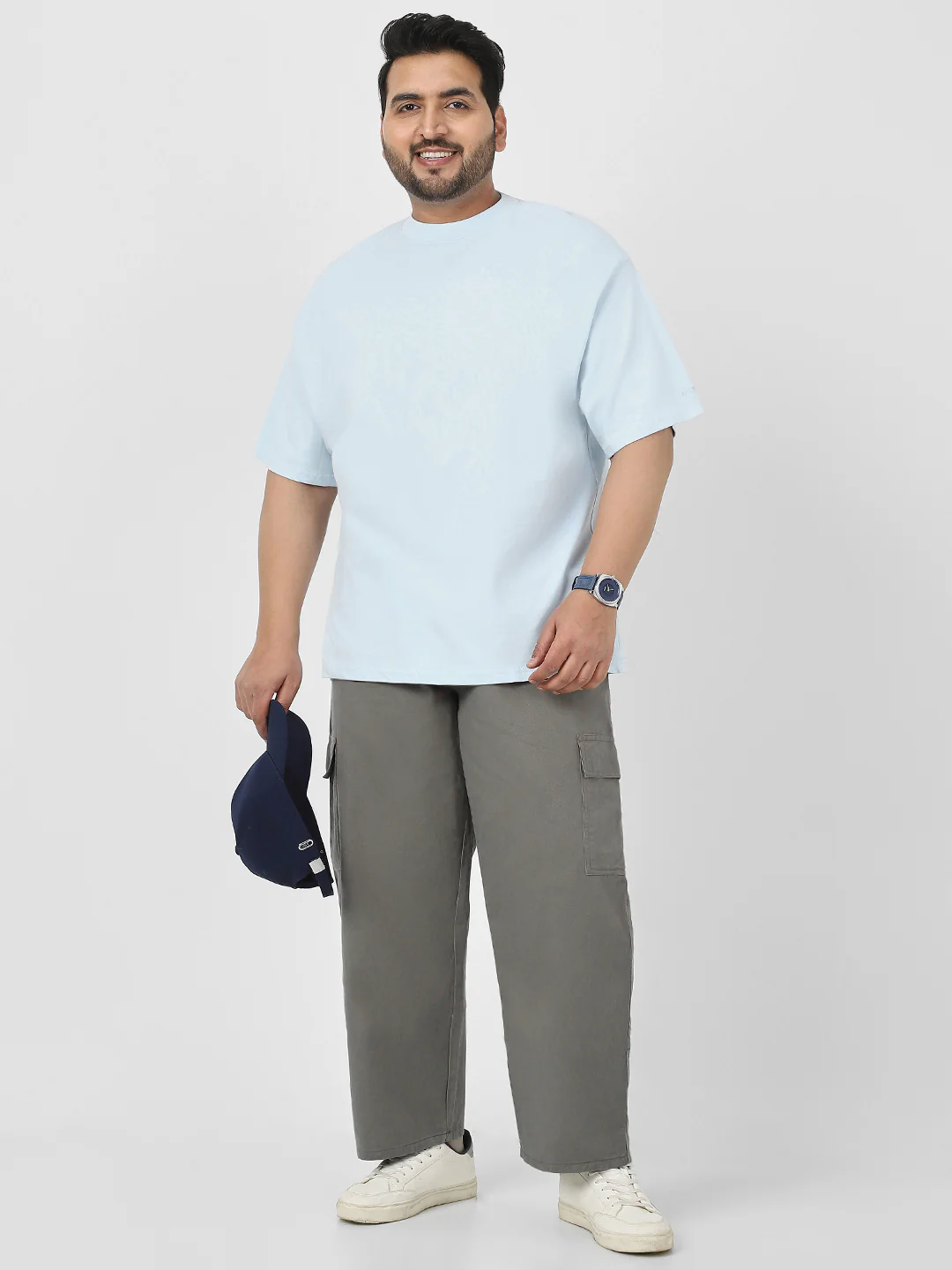Plus Men's Grey Loose Baggy Fit Solid Cargo Chino Pant with 6 Pockets Non-Stretchable - Image 4