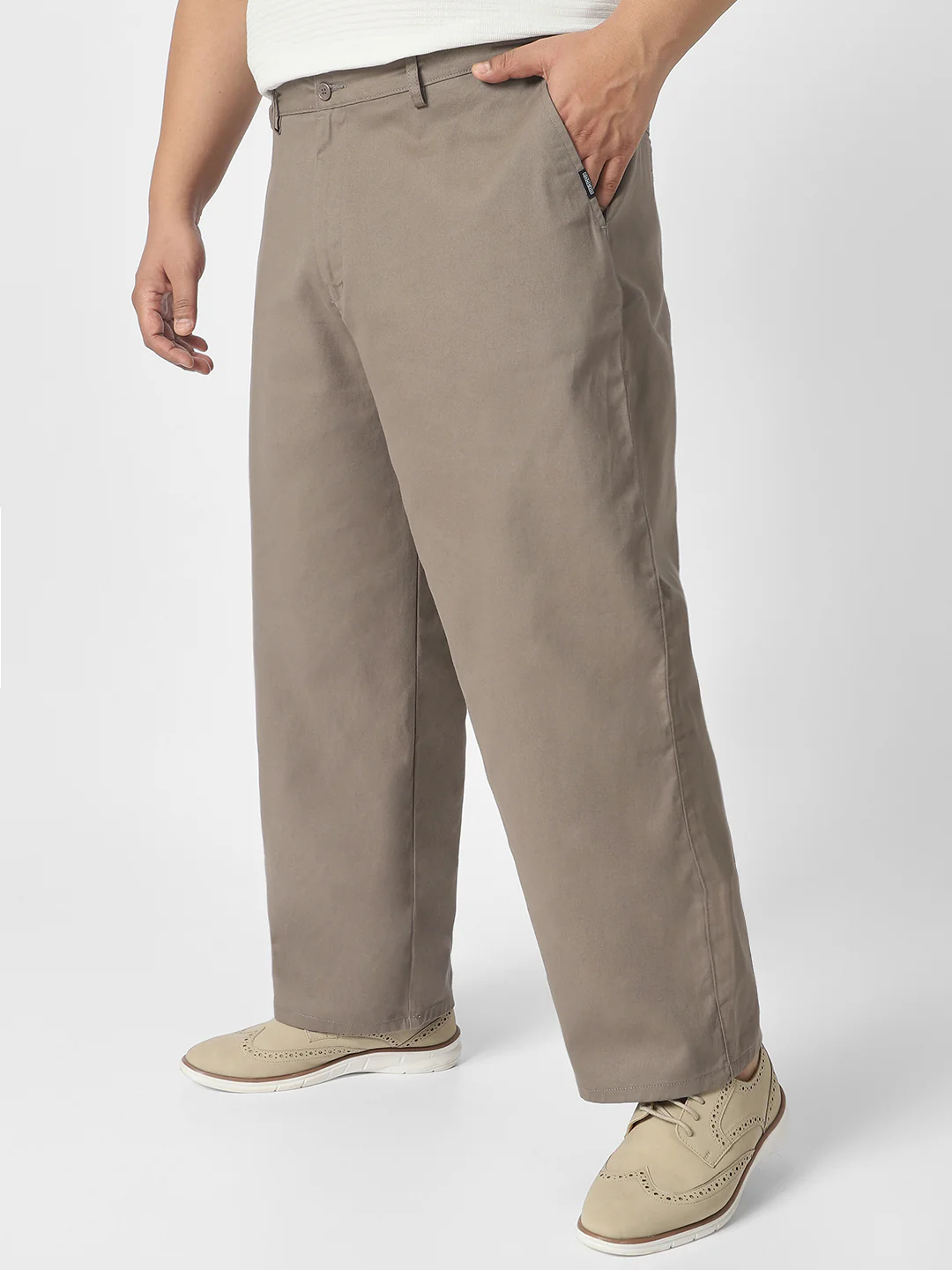 Plus Men's Grey Loose Baggy Fit Solid Chino Trousers Non-Stretchable - Image 2