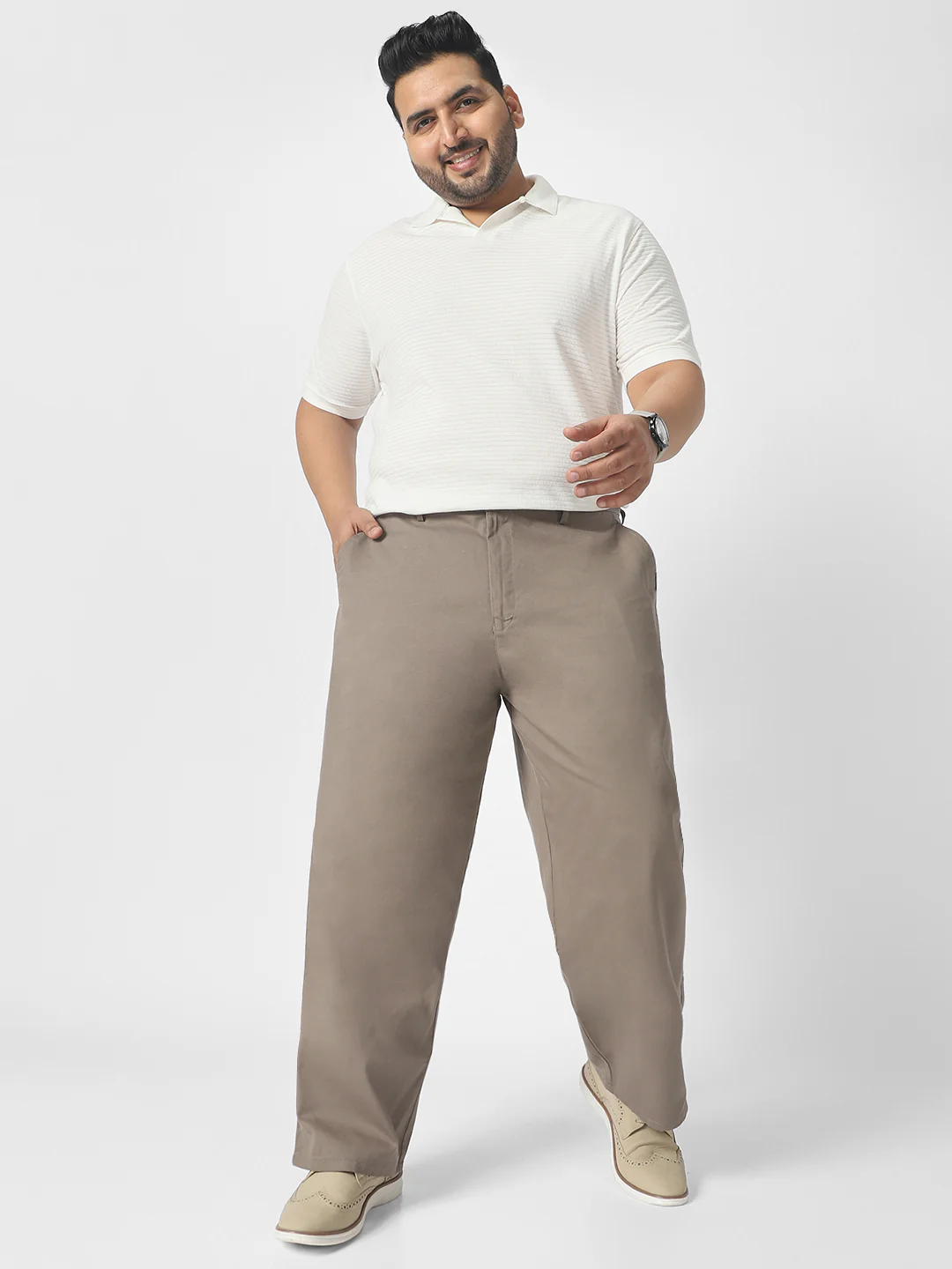 Plus Men's Grey Loose Baggy Fit Solid Chino Trousers Non-Stretchable - Image 4