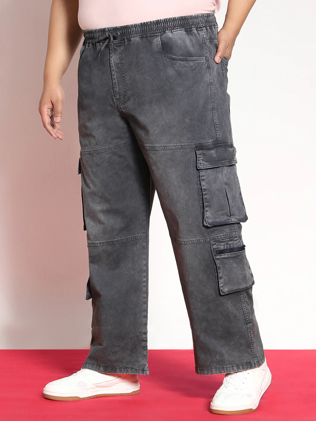 Plus Men's Grey Loose Baggy Fit Travel Cargo Jeans With 8 Pockets Stretchable - Image 2