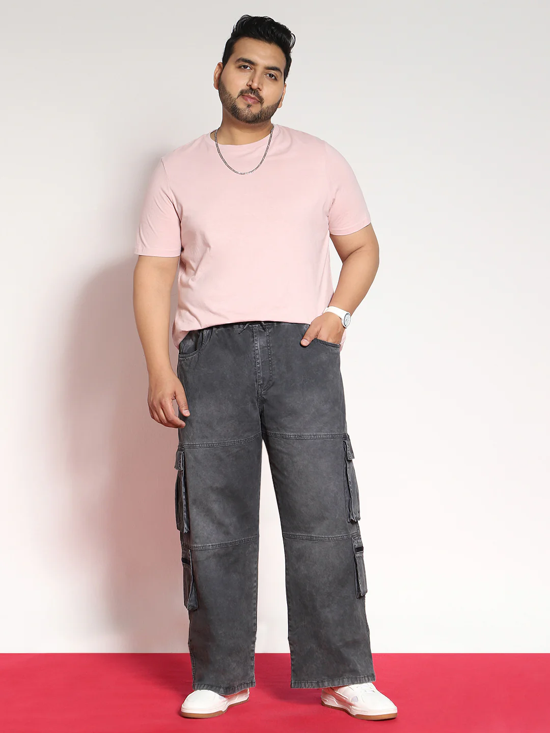 Plus Men's Grey Loose Baggy Fit Travel Cargo Jeans With 8 Pockets Stretchable - Image 4