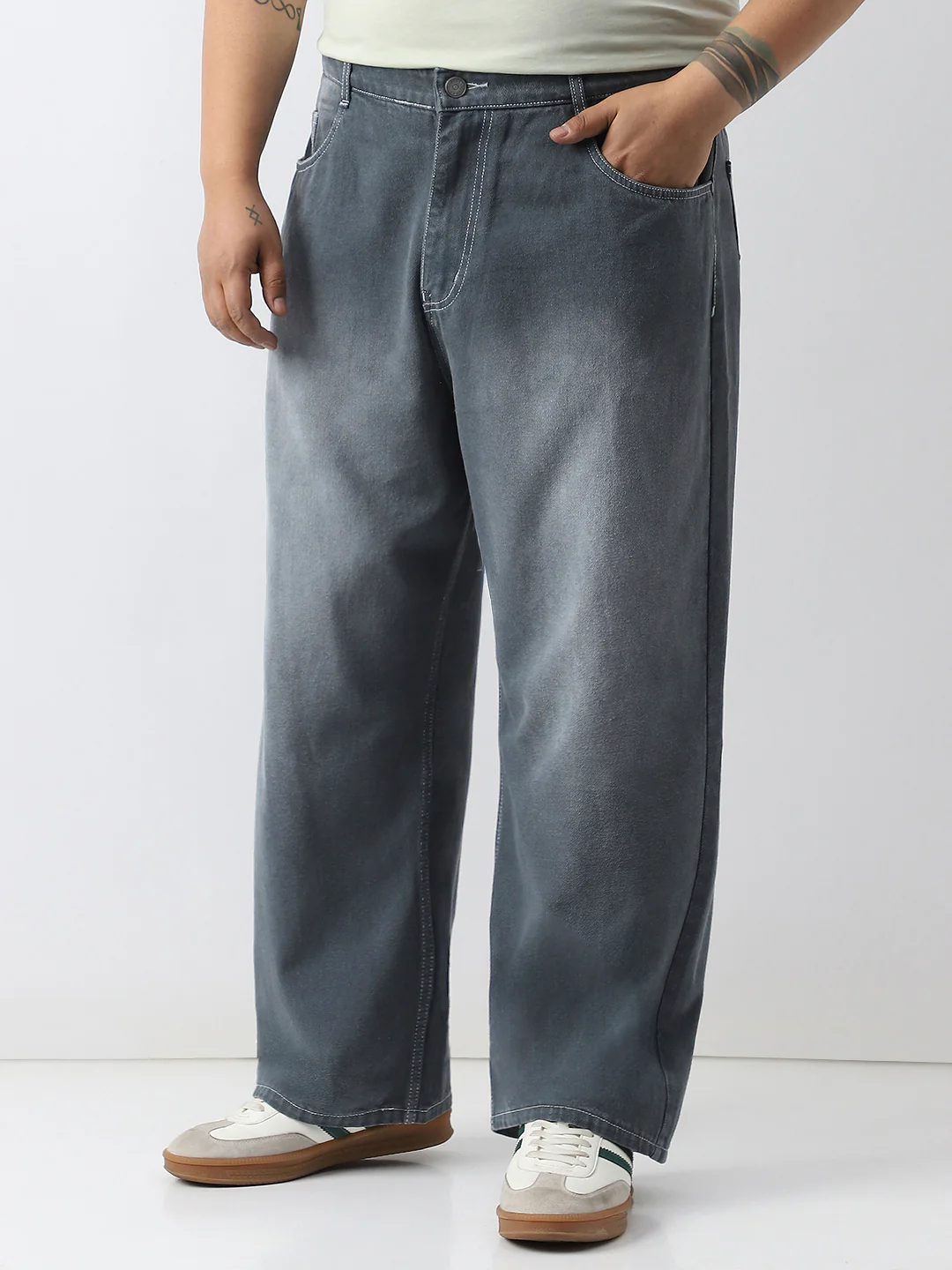Plus Men's Grey Loose Baggy Fit Washed Jeans Non-Stretchable - Image 2