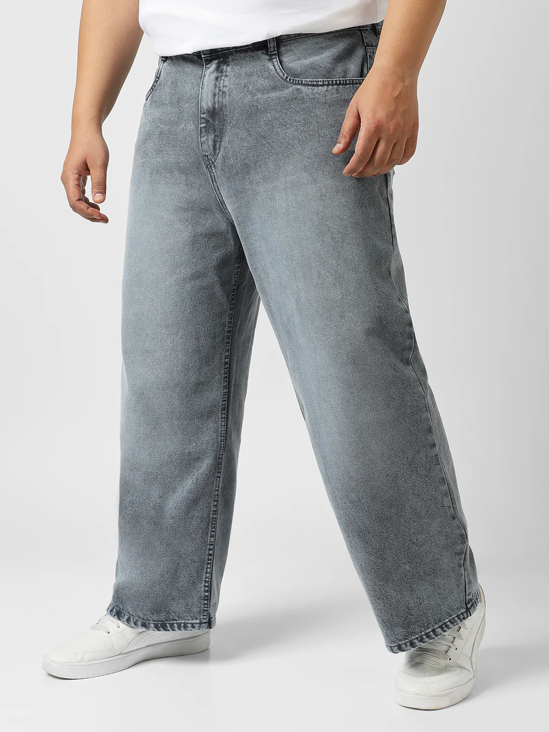 Plus Men's Grey Loose Baggy Fit Washed Jeans Non-Stretchable - Image 2