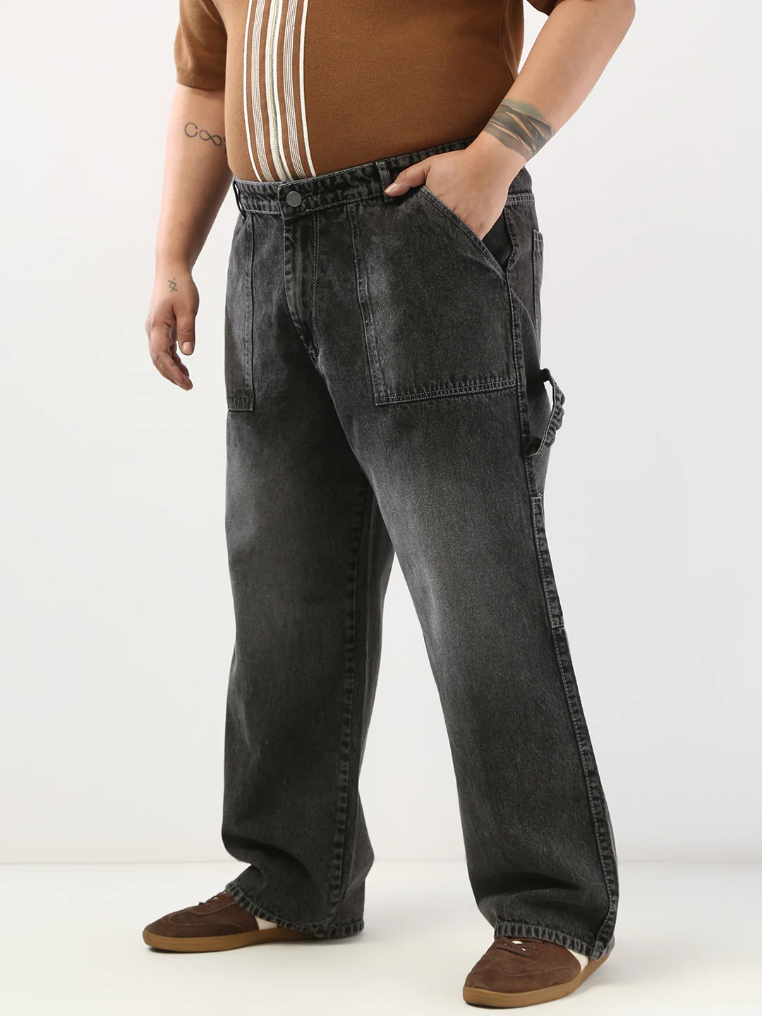 Plus Men's Grey Loose Fit Cargo Carpenter Jeans With 6 Pockets Non-Stretchable - Image 2