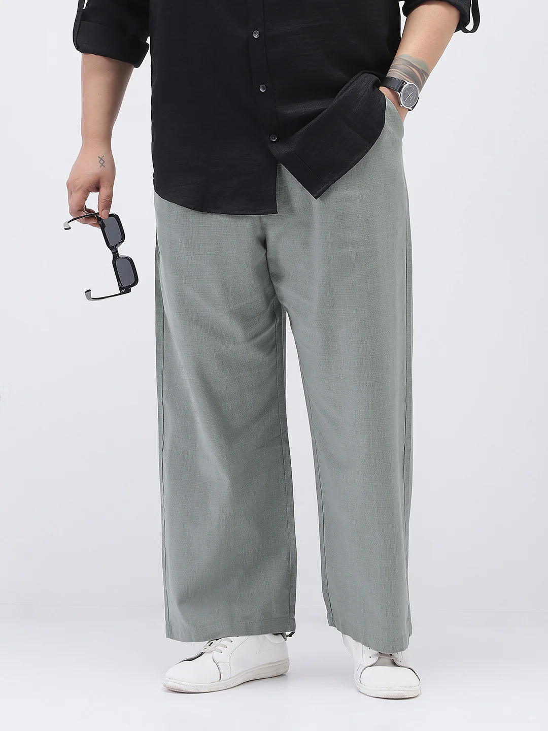 Plus Men's Grey Loose Fit Solid Linen Blend Trousers Non-Stretchable
