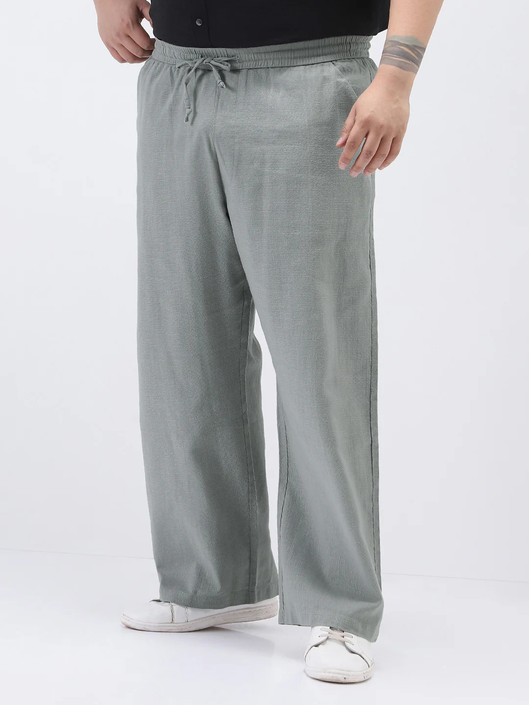Plus Men's Grey Loose Fit Solid Linen Blend Trousers Non-Stretchable - Image 2