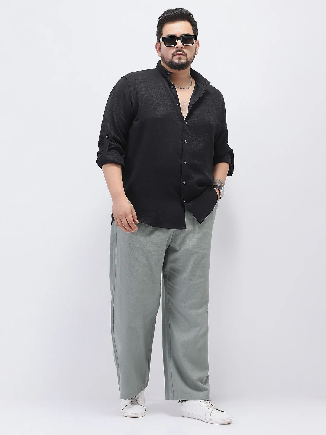 Plus Men's Grey Loose Fit Solid Linen Blend Trousers Non-Stretchable - Image 4