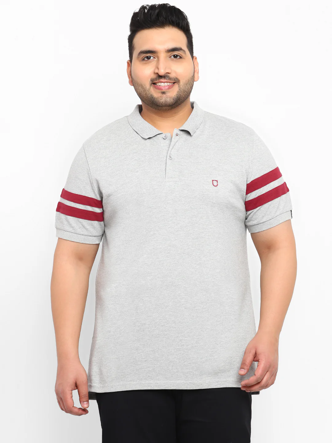 Plus Men's Grey Melange, Maroon Colour-Block Regular Fit Half Sleeve Cotton Polo T-Shirt