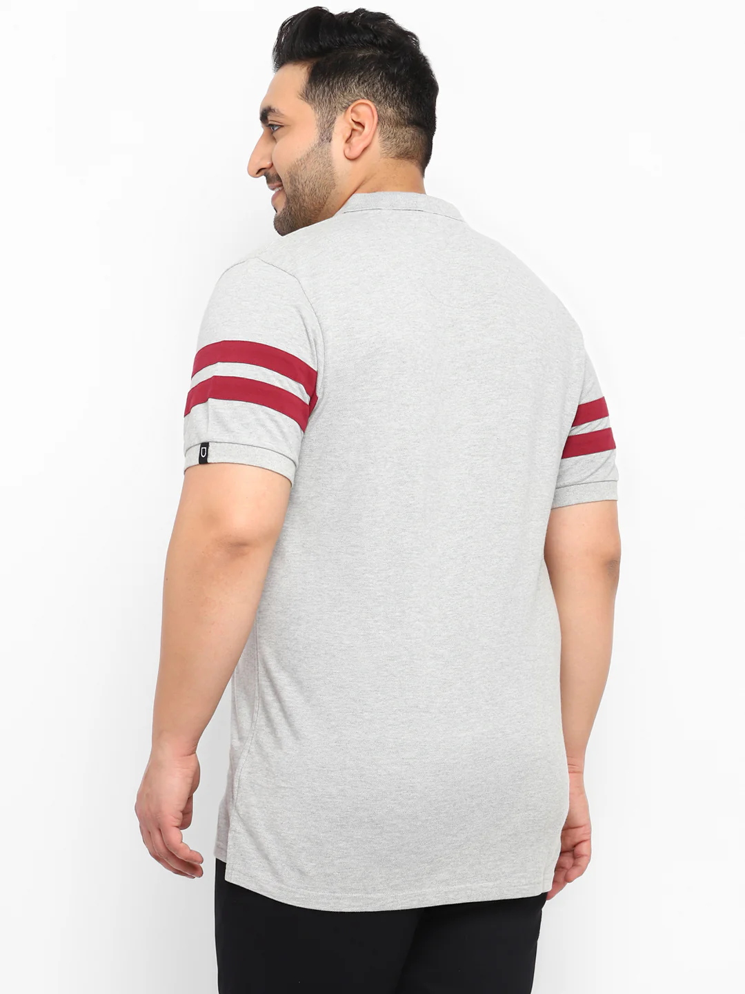 Plus Men's Grey Melange, Maroon Colour-Block Regular Fit Half Sleeve Cotton Polo T-Shirt - Image 3