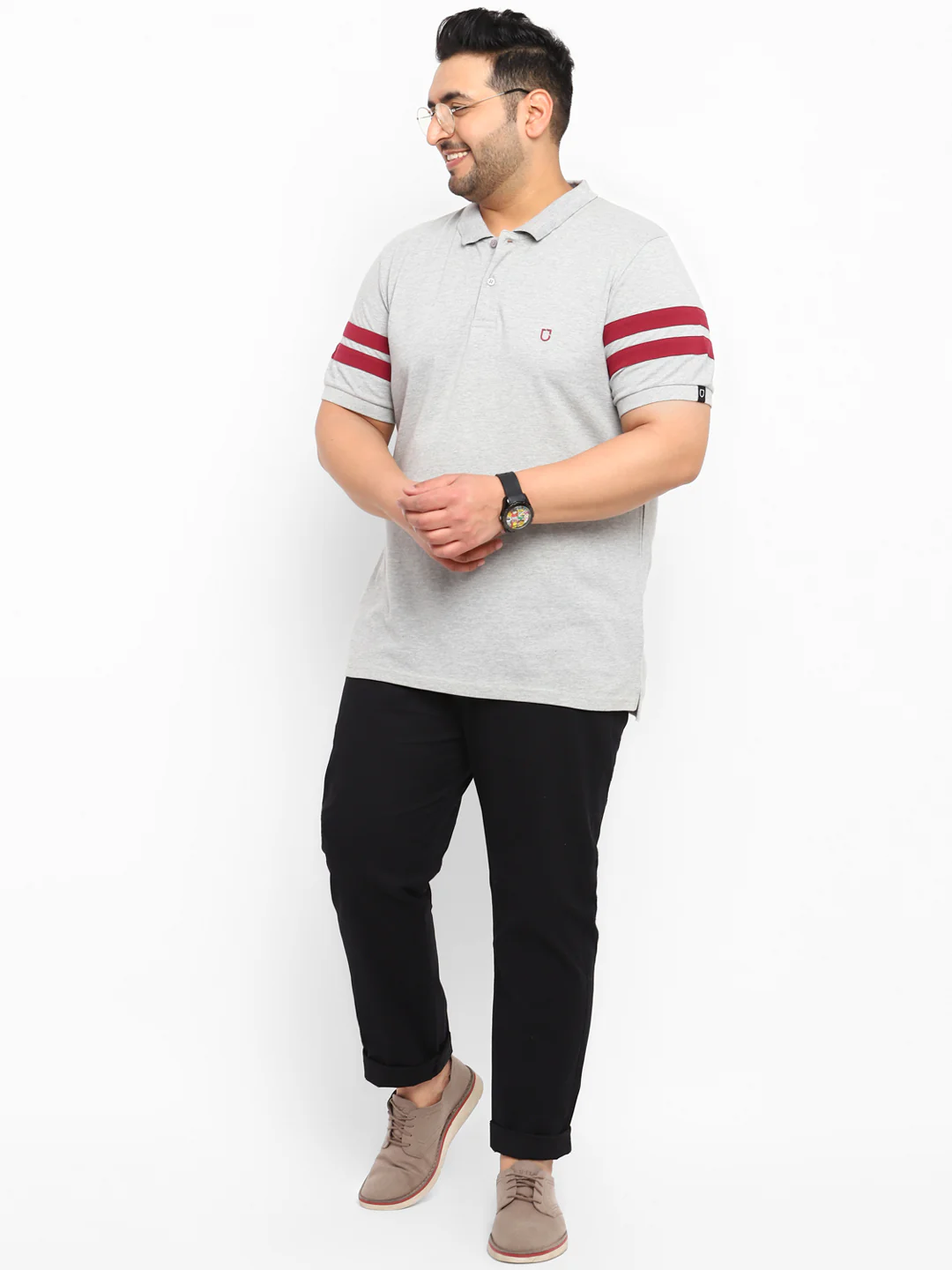 Plus Men's Grey Melange, Maroon Colour-Block Regular Fit Half Sleeve Cotton Polo T-Shirt - Image 4