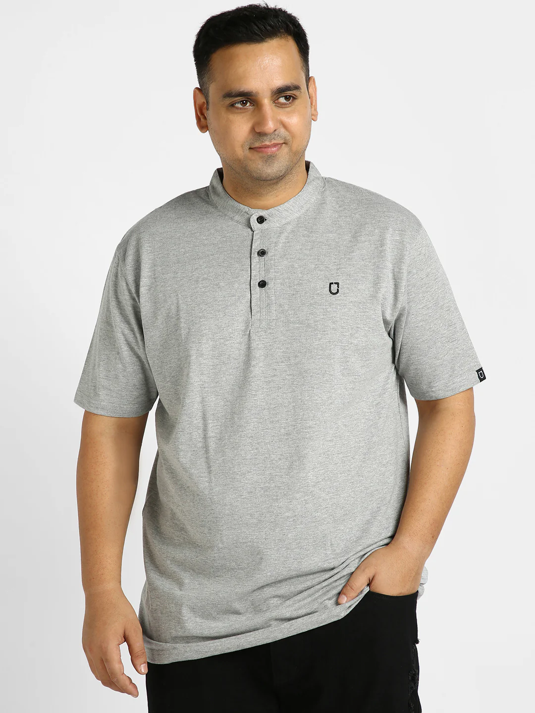 Plus Men's Grey Melange Solid Mandarin Collar Regular Fit Half Sleeve Cotton T-Shirt - Image 2