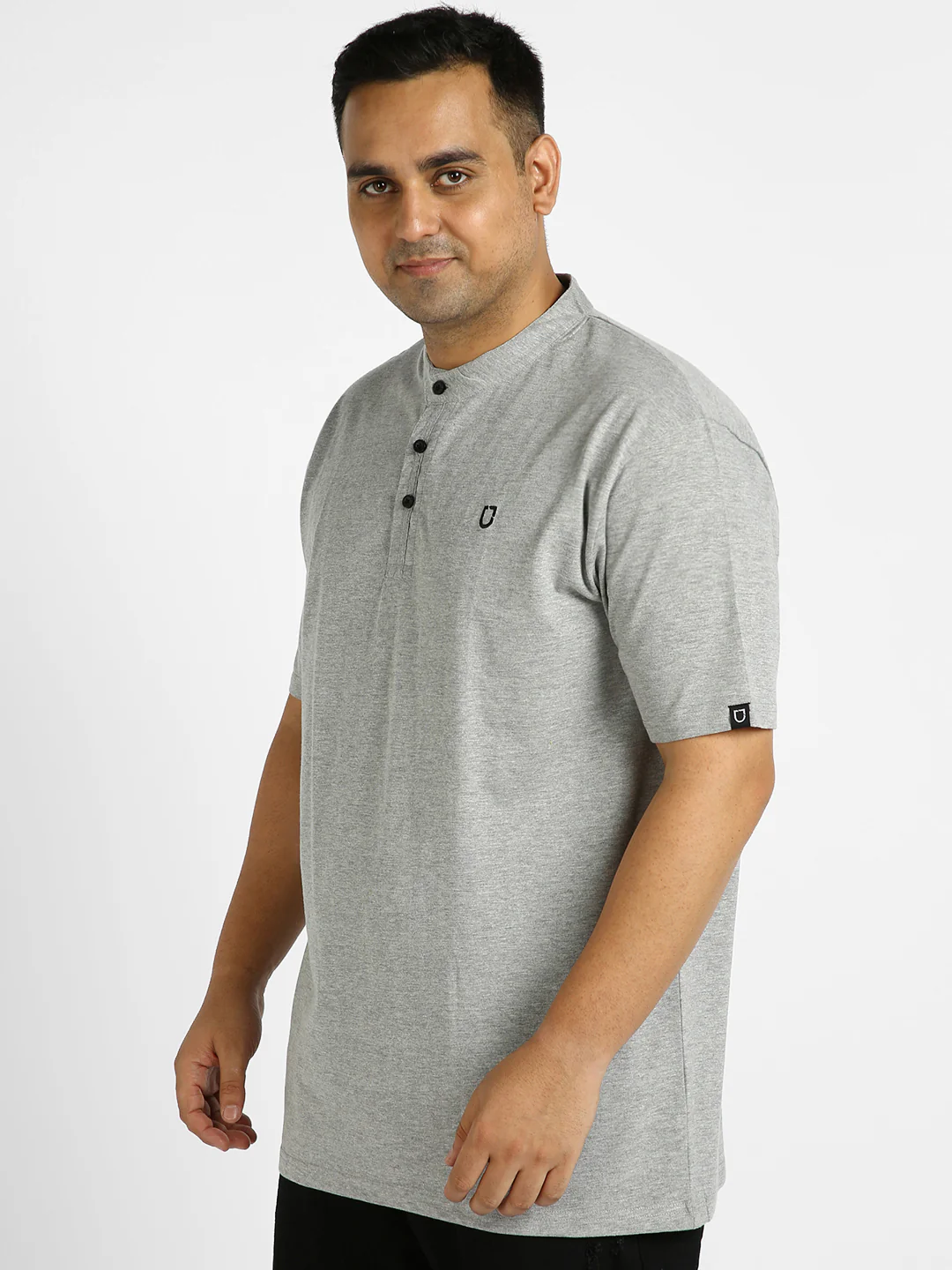 Plus Men's Grey Melange Solid Mandarin Collar Regular Fit Half Sleeve Cotton T-Shirt - Image 3