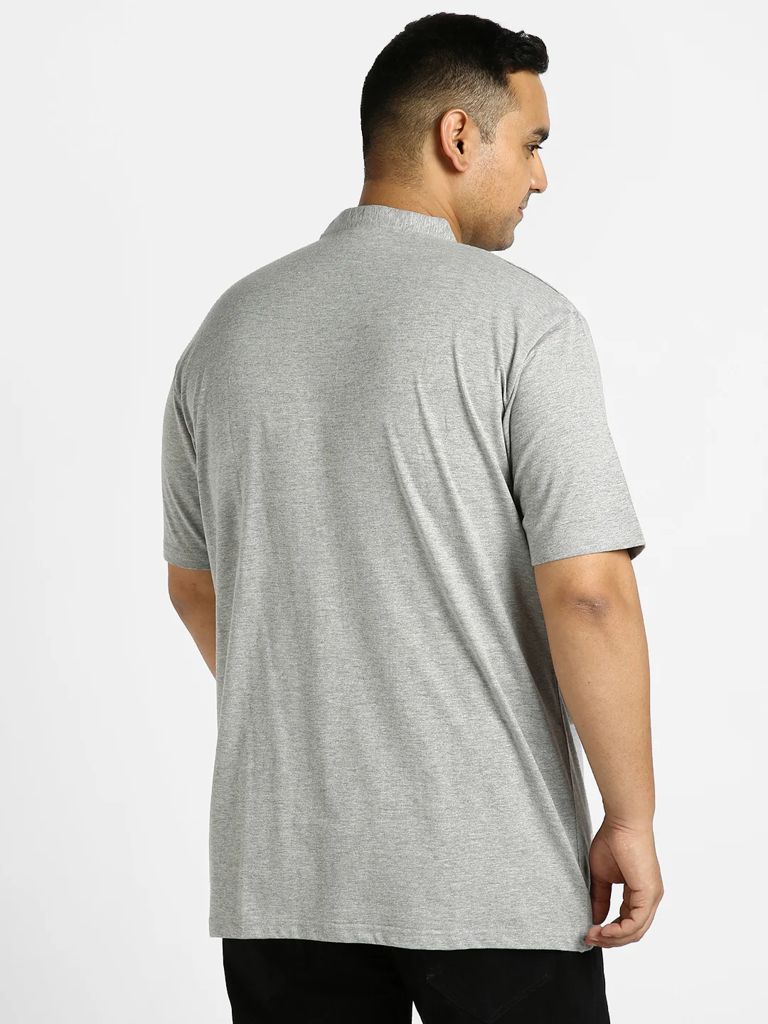 Plus Men's Grey Melange Solid Mandarin Collar Regular Fit Half Sleeve Cotton T-Shirt - Image 4