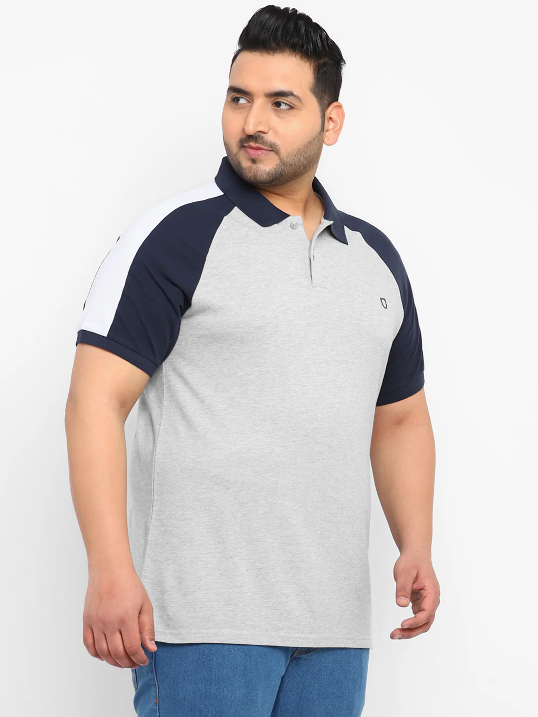 Plus Men's Grey Melange, White, Navy Blue Colour-Block Regular Fit Half Sleeve Cotton Polo T-Shirt - Image 2