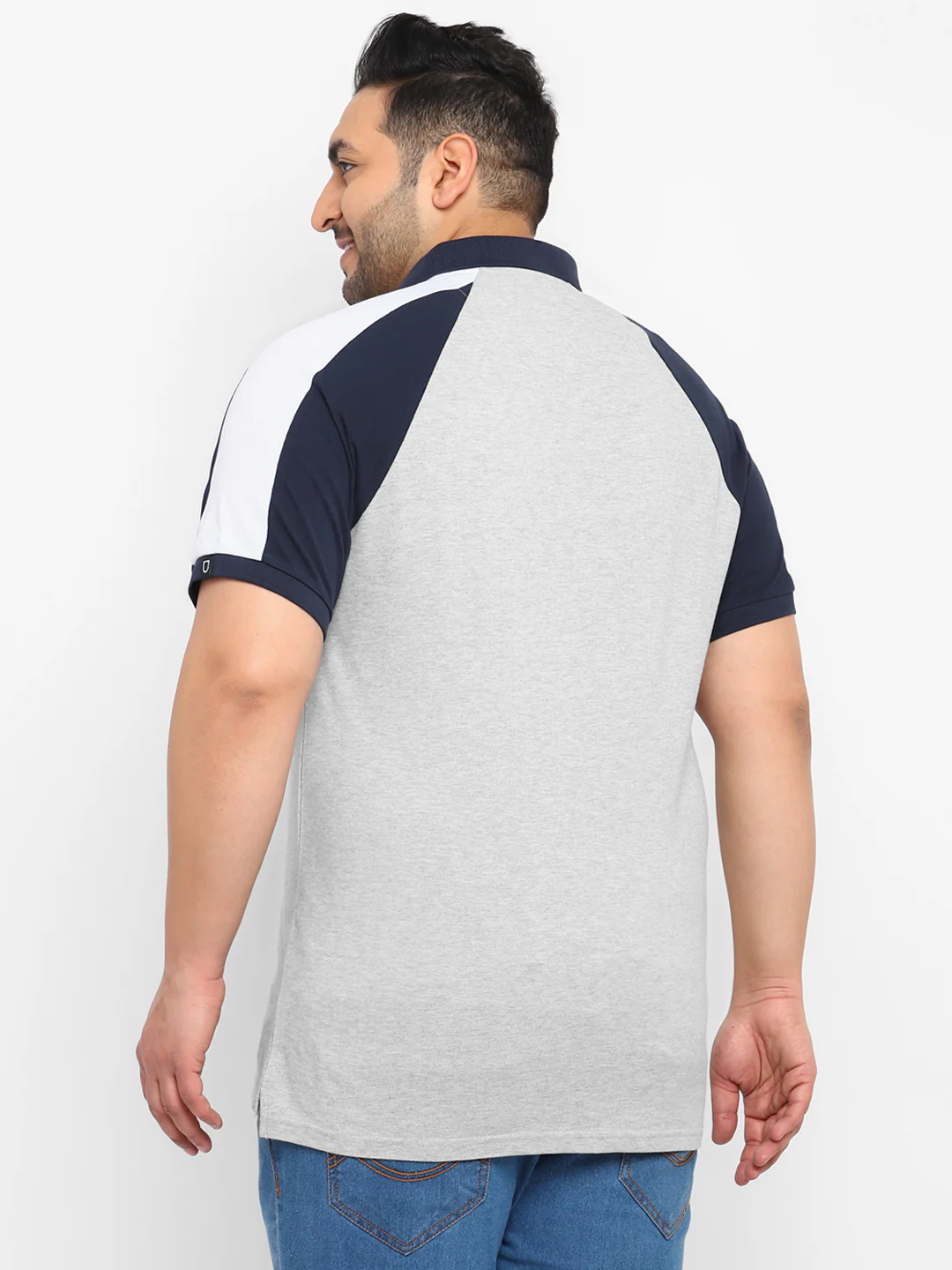 Plus Men's Grey Melange, White, Navy Blue Colour-Block Regular Fit Half Sleeve Cotton Polo T-Shirt - Image 3