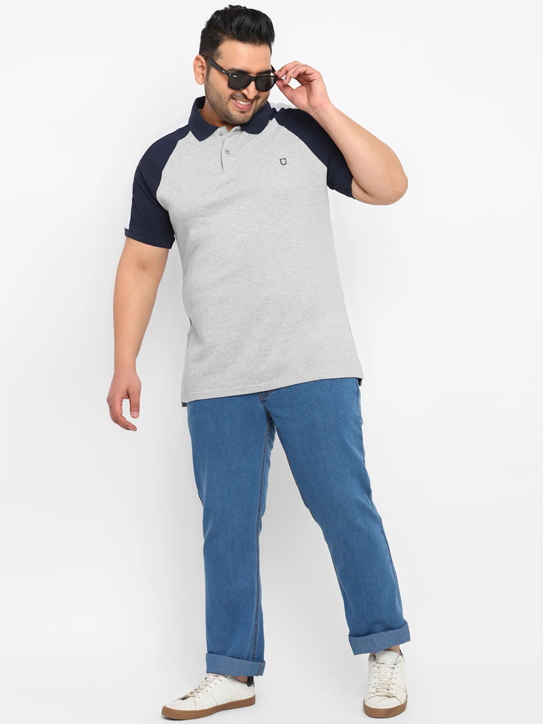 Plus Men's Grey Melange, White, Navy Blue Colour-Block Regular Fit Half Sleeve Cotton Polo T-Shirt - Image 4