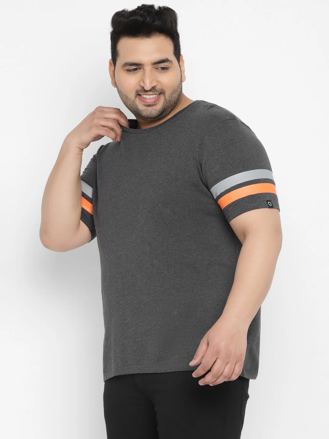 Plus Men's Grey, Orange Color-Block Regular Fit Half Sleeve Cotton T-Shirt - Image 2