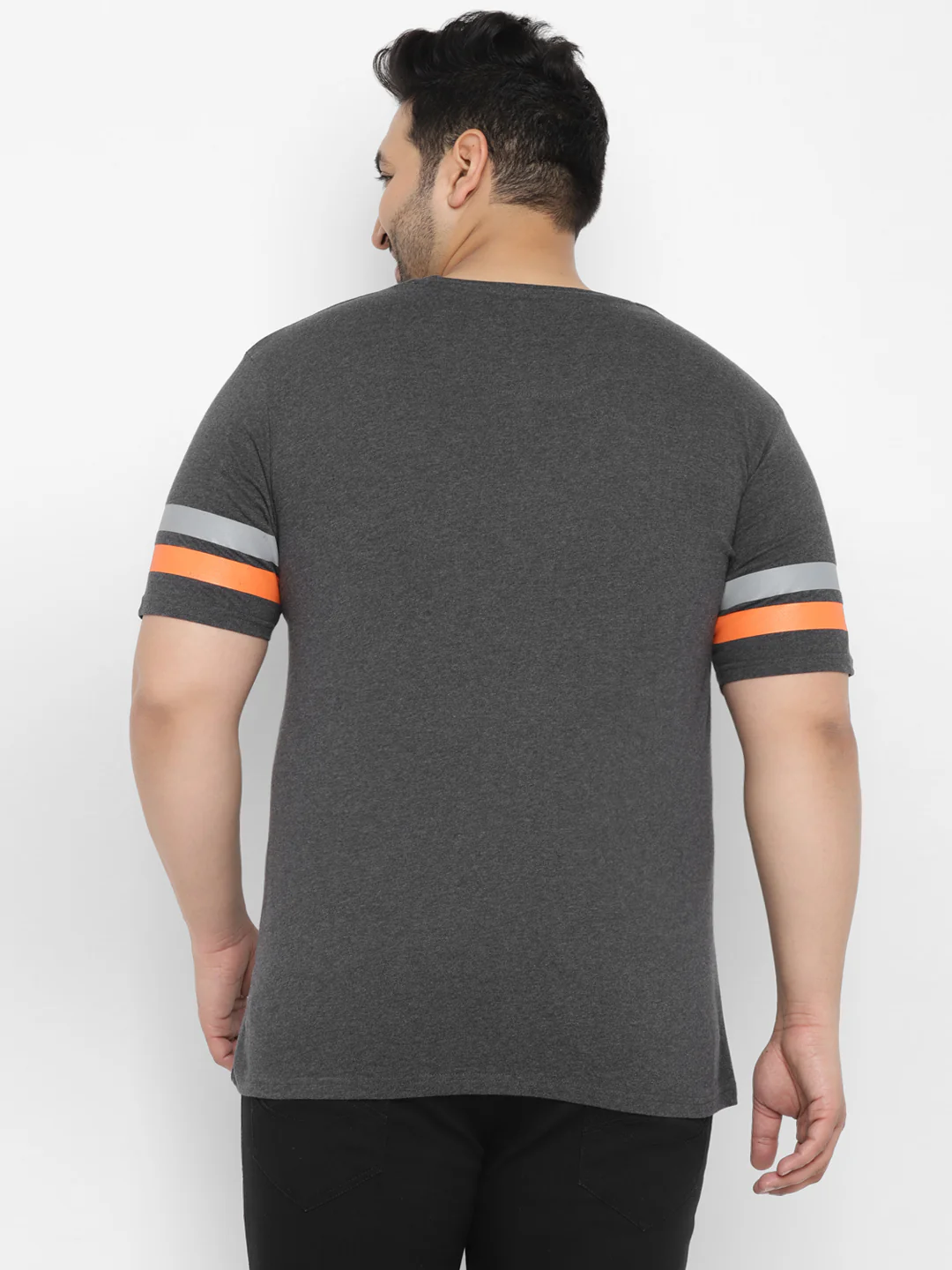 Plus Men's Grey, Orange Color-Block Regular Fit Half Sleeve Cotton T-Shirt - Image 3