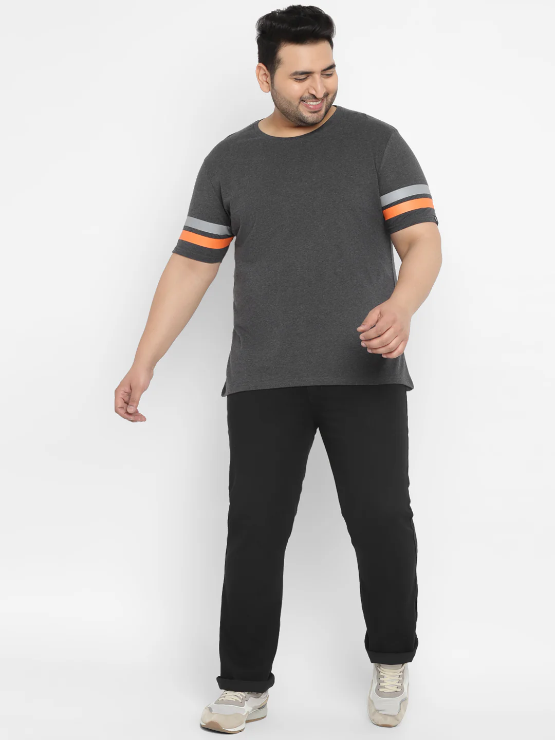 Plus Men's Grey, Orange Color-Block Regular Fit Half Sleeve Cotton T-Shirt - Image 4