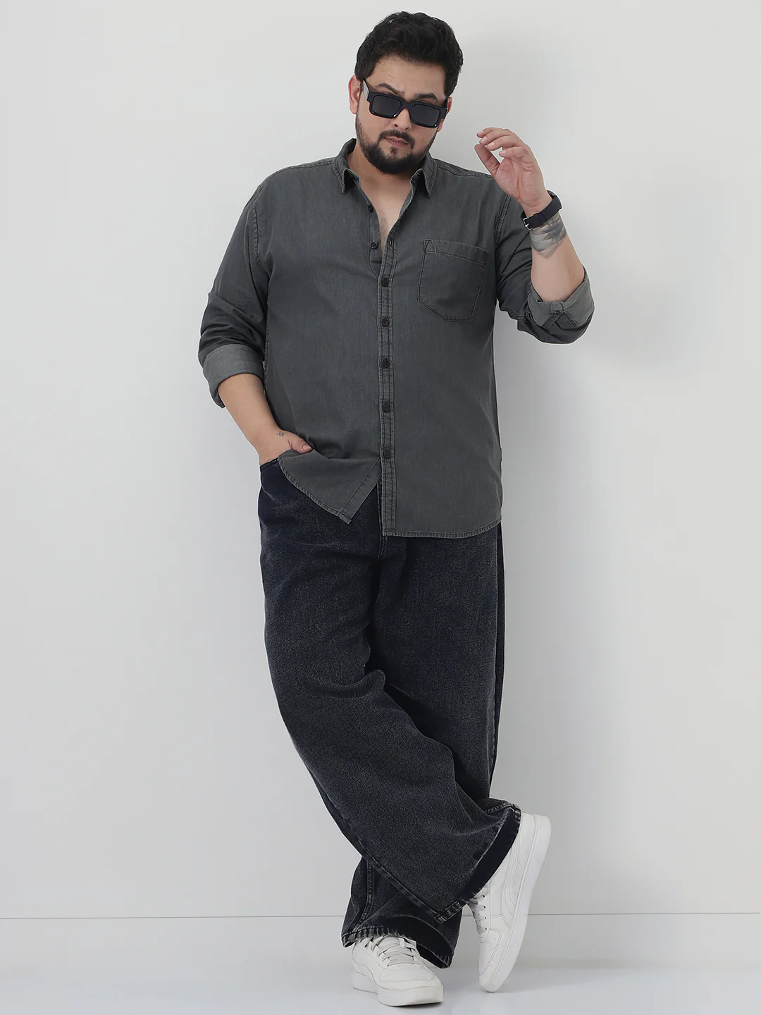 Plus Men's Grey Regular Fit Full Sleeve Solid Denim Shirt - Image 4