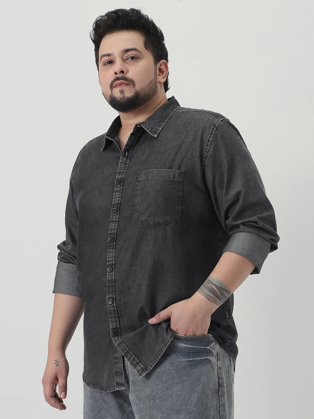 Plus Men's Grey Regular Fit Full Sleeve Washed Denim Shirt - Image 2